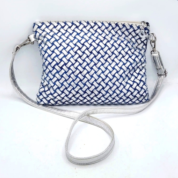 Denim Crystal Rhinestone Crossbody Bag With Metallic Weaving On Back - Picture 12 of 16